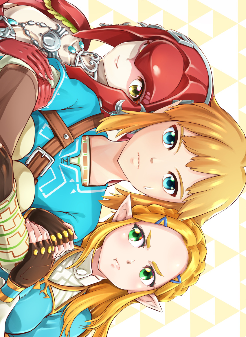 1boy 2girls absurdres blonde_hair blue_eyes braid colored_skin crown_braid fish_girl green_eyes hair_ornament hairclip hetero highres holding_another's_arm jealous jealousy jewelry light_brown_hair link long_hair love_triangle mipha mizunocarbona multiple_girls pointy_ears pout princess_zelda red_skin short_hair sideways the_legend_of_zelda the_legend_of_zelda:_breath_of_the_wild yellow_eyes zora