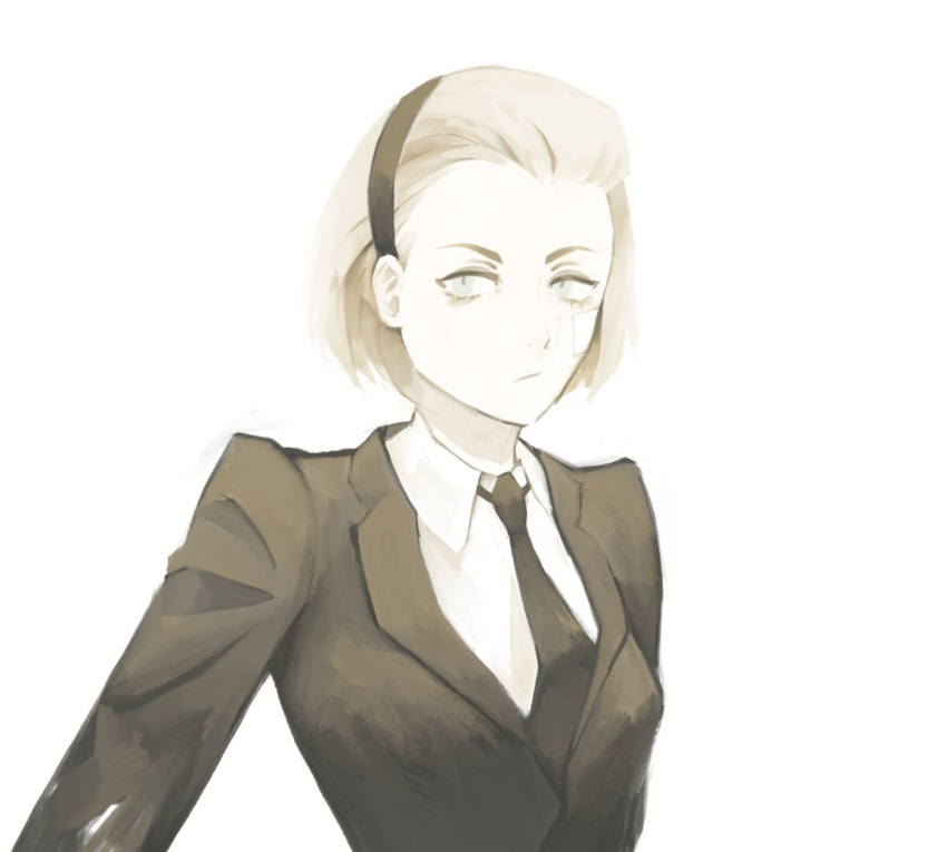 1girl bandaid bandaid_on_cheek bandaid_on_face black_suit blonde_hair blue_eyes collared_shirt eyelashes formal frau_butterfly hair_slicked_back hairband highres hunter_x_hunter looking_at_another looking_at_viewer necktie shirt short_hair simple_background solo suit theta_(hunter_x_hunter) upper_body white_background white_shirt