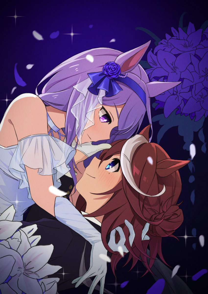 2girls animal_ears banseog bare_shoulders black_jacket blush brown_hair choker closed_mouth diffraction_spikes dress eye_contact flower gloves hair_bun hairband hand_in_another's_hair highres horse_ears jacket looking_at_another mejiro_mcqueen_(heart_exposed_to_the_night_breeze)_(umamusume) mejiro_mcqueen_(umamusume) mole mole_under_eye multicolored_hair multiple_girls photoshop_(medium) purple_hair short_hair sideways_mouth smile strapless strapless_dress streaked_hair tokai_teio_(umamusume) tokai_teio_(waltz_of_hiwing)_(umamusume) umamusume upper_body violet_eyes white_dress white_gloves yuri