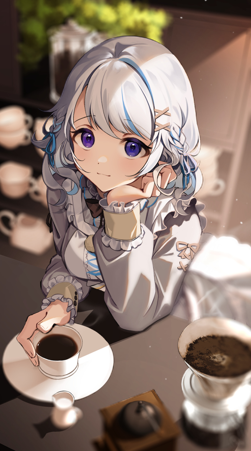 1girl amanai_daisy aora_cafe apron arcanakit_v blue_eyes blue_hair blurry blush braid breasts closed_mouth coffee commentary_request commission cup depth_of_field frills grey_hair grey_shirt hair_ornament hairclip head_rest highres holding holding_cup indoors large_breasts long_hair long_sleeves looking_at_viewer multicolored_hair plate shirt smile solo streaked_hair virtual_youtuber white_apron wrist_cuffs