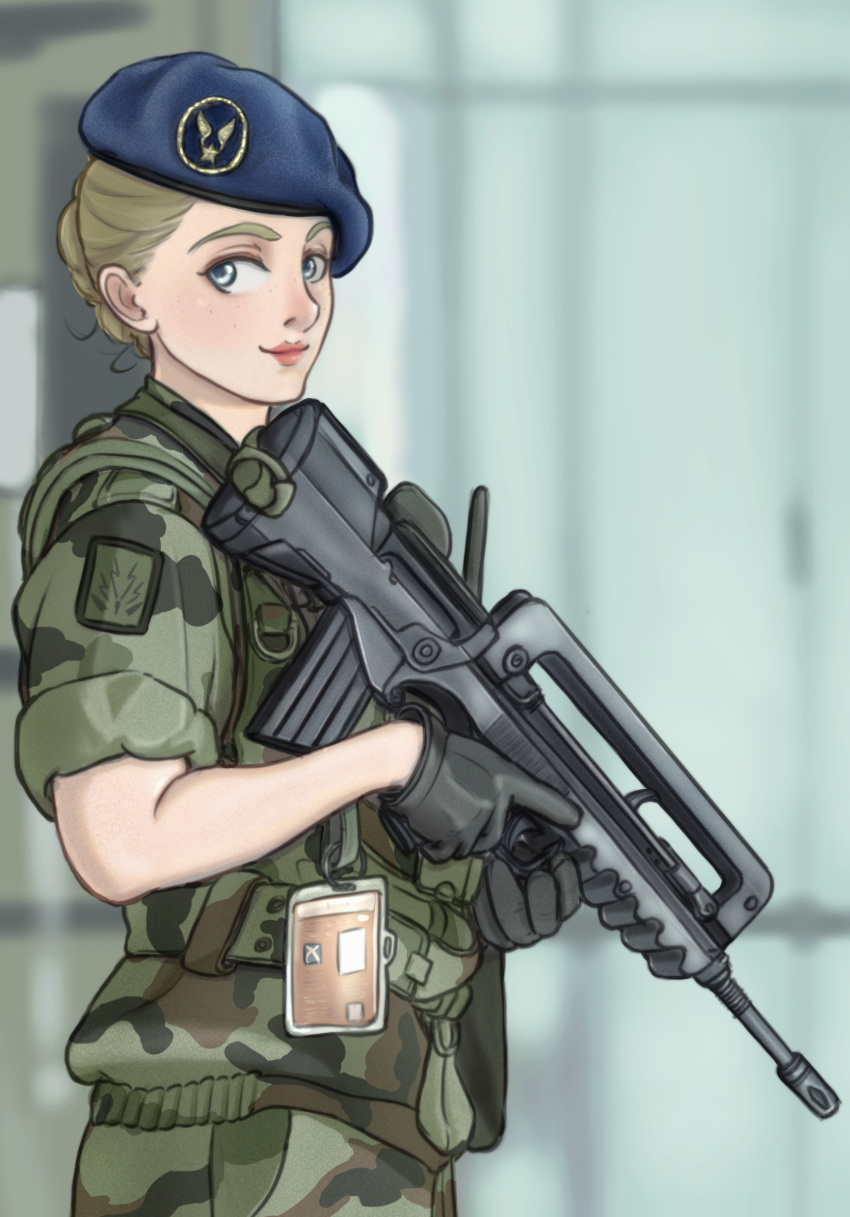 1girl assault_rifle belt beret black_gloves blue_eyes blue_headwear blurry blurry_background bullpup camouflage camouflage_belt camouflage_pants camouflage_shirt english_commentary famas france gloves green_belt green_pants green_shirt gun hair_behind_ear hair_bun handle hat highres id_card light_brown_hair light_smile load_bearing_vest looking_to_the_side mg_g military military_hat nose original pants patch pink_lips rifle shirt short_hair short_sleeves shoulder_patch sideways_glance single_hair_bun sleeves_rolled_up sling soldier solo star_(symbol) thick_eyebrows trigger_discipline upper_body utility_belt weapon