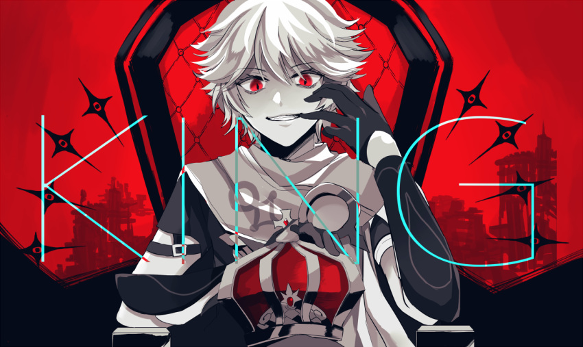1boy aether_(genshin_impact) ahoge alternate_eye_color alternate_hair_color arm_armor black_gloves black_shirt braid commentary_request crown earrings english_text gem genshin_impact gloves hair_between_eyes hands_up jewelry king_(vocaloid) kusaishi88 long_hair looking_at_viewer male_focus partial_commentary red_background red_eyes red_gemstone scarf shirt short_sleeves simple_background single_earring sitting smile solo teeth throne white_hair white_scarf