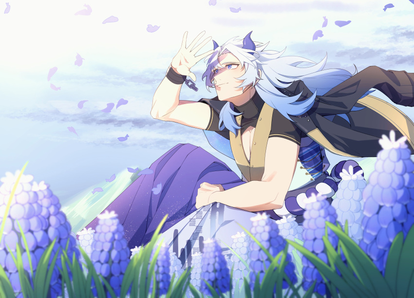 1boy absurdres akaie11 black_jacket blue_eyes blue_flower blue_hair chain clouds day falling_petals feet_out_of_frame flower grape_hyacinth hair_between_eyes hajimari_no_kioku hakama hand_up highres horns hyacinth jacket jacket_on_shoulders japanese_clothes knees_up light_blue_hair long_hair looking_up male_focus pectoral_cleavage pectorals petals purple_flower purple_hakama rope shimenawa short_sleeves shrug_(clothing) sitting sleeveless sleeveless_jacket smile solo stridon sunlight white_jacket wind wristband