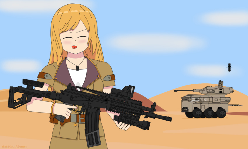 1girl assault_rifle bracelet drone galil_(girls'_frontline) girls_frontline gun imi_galil jewelry military military_vehicle non-web_source rifle solo standing weapon