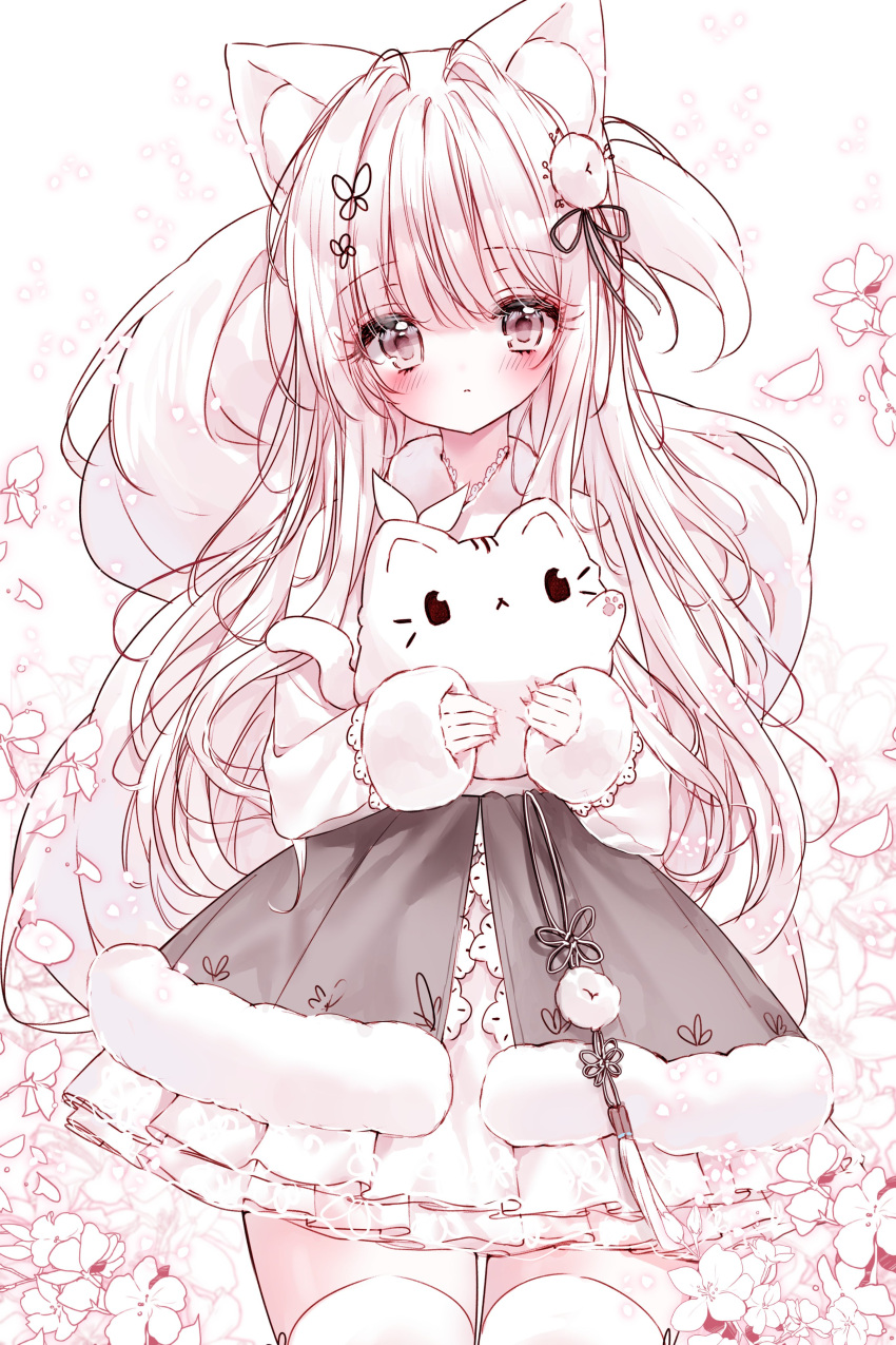 1girl absurdres animal animal_ear_fluff animal_ears black_skirt blush cat closed_mouth commentary_request flower fur-trimmed_skirt fur-trimmed_sleeves fur_trim grey_eyes highres holding holding_animal long_hair long_sleeves original petals skirt sleeves_past_wrists solo tail tandohark thigh-highs very_long_hair white_cat white_flower white_hair white_thighhighs