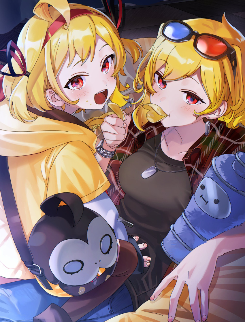 2girls absurdres age_comparison ahoge alternate_costume black_shirt blush breasts chips_(food) collarbone commentary dog_tags dual_persona earrings eating eyewear_on_head food food_on_face hairband heterochromatic_eyewear highres holding holding_food hololive hololive_indonesia hood hoodie jewelry kaela_kovalskia looking_at_viewer multiple_girls open_mouth plaid plaid_shirt potato_chips red_eyes red_hairband shirt short_hair sitting sitting_on_person smile symbol-only_commentary virtual_youtuber watch watch yellow_hoodie yomosaka