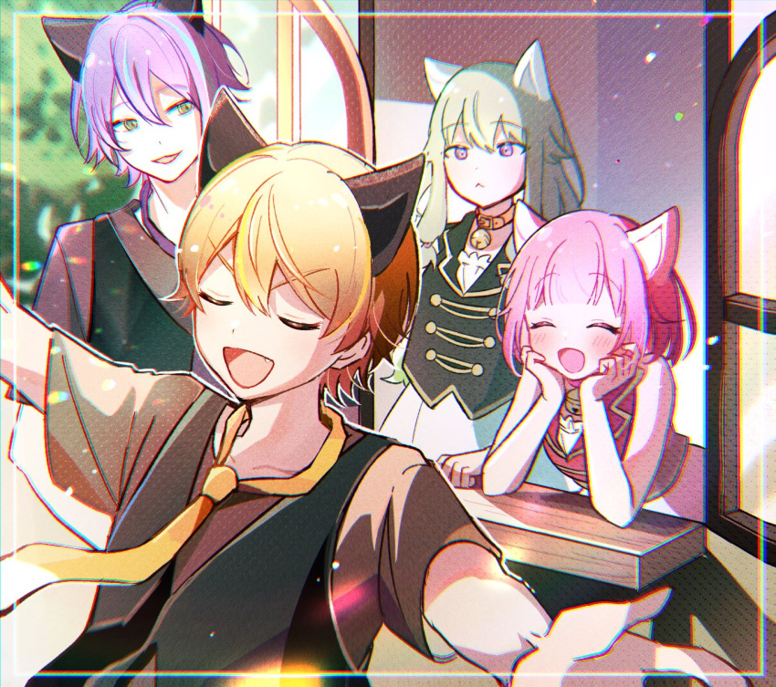 2boys 2girls aa_subarashiki_nyansei_(vocaloid) animal_ears aqua_hair bell black_vest blonde_hair blunt_bangs blush bob_cut brown_shirt closed_eyes closed_mouth collar commentary extra_ears fang green_hair hair_between_eyes hands_on_own_face highres kamishiro_rui kusanagi_nene lapels long_hair looking_at_another momomo_(m0_3) multicolored_hair multiple_boys multiple_girls neck_bell necktie ootori_emu open_mouth open_window outstretched_arms pink_hair project_sekai purple_hair shirt short_hair sideways_glance sleeveless streaked_hair tenma_tsukasa upper_body vest violet_eyes window wonderlands_x_showtime_(project_sekai) yellow_eyes yellow_necktie