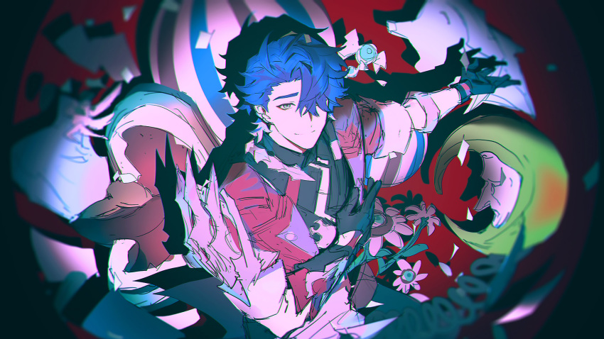 1boy armor black_gloves black_shirt blue_hair gloves green_eyes hair_over_one_eye highres honkai:_star_rail honkai_(series) jacket looking_at_viewer male_focus open_clothes open_hands open_jacket red_background red_jacket sampo_koski shirt short_hair shoulder_armor smile solo upper_body yarr