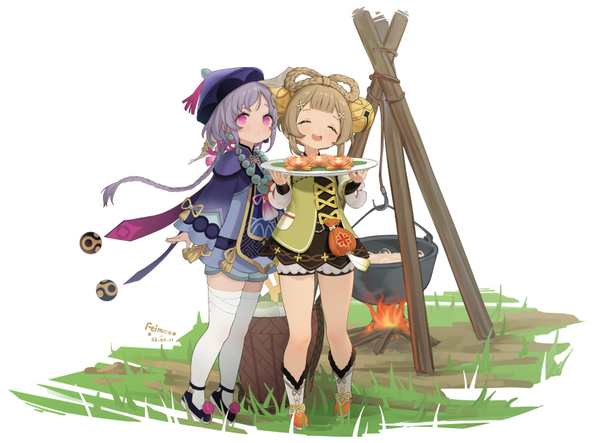 2girls :d absurdres artist_name basket bead_necklace beads bell boots bow-shaped_hair brown_hair campfire closed_eyes coin_purse commentary_request cooking_pot dated flower full_body genshin_impact grass grey_hair hair_bell hair_ornament hat highres holding holding_plate jewelry jiangshi_costume koebushi_(mat) long_hair long_sleeves looking_at_viewer lotus multiple_girls necklace plate pom_pom_(clothes) qing_guanmao qiqi_(genshin_impact) shorts simple_background skindentation smile standing thigh-highs violet_eyes white_background white_thighhighs yaoyao_(genshin_impact)