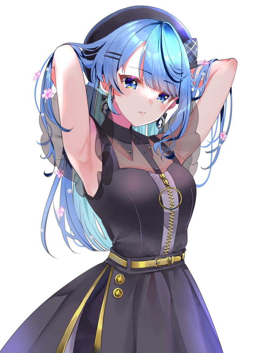 1girl armpits beret blue_eyes blue_hair casual closed_mouth dress flower hair_flower hair_ornament hairclip hat highres hololive hoshimachi_suisei hoshimachi_suisei_(6th_costume) long_hair looking_at_viewer official_alternate_hairstyle see-through simple_background solo star_(symbol) star_in_eye symbol_in_eye virtual_youtuber white_background yuanagae zipper