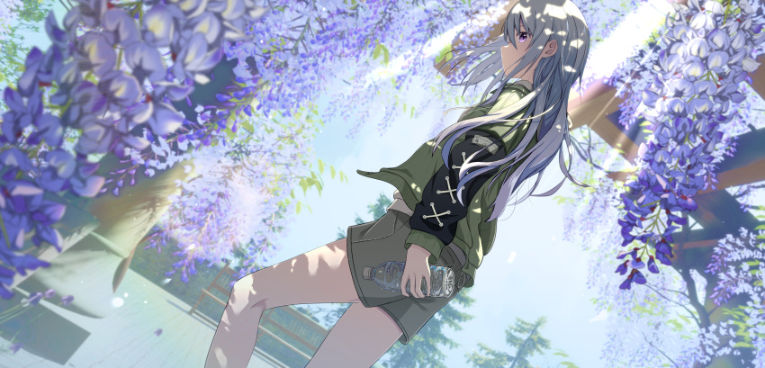 1girl absurdres blue_flower blurry blurry_foreground cac_itinose commentary_request depth_of_field feet_out_of_frame flower green_jacket grey_hair grey_shorts hair_between_eyes highres jacket layered_sleeves long_hair long_sleeves looking_at_viewer looking_to_the_side open_clothes open_jacket original profile short_over_long_sleeves short_shorts short_sleeves shorts solo standing very_long_hair violet_eyes wisteria