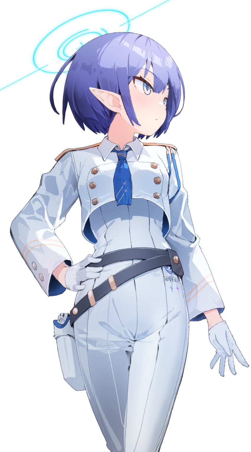 1girl aoi_(blue_archive) belt blue_archive blue_eyes blue_hair blue_necktie blush breasts cropped_jacket gloves halo hand_on_own_hip high-waist_pants highres holstered hoshi_umi jacket looking_to_the_side loose_belt necktie pants pointy_ears short_hair simple_background small_breasts solo white_background white_gloves white_jacket white_pants