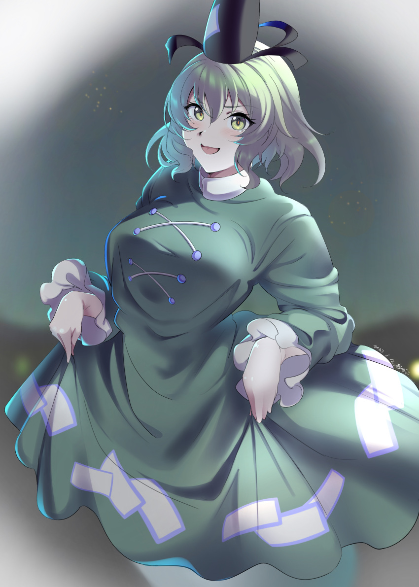 1girl :d absurdres black_background black_headwear breasts commentary dress green_dress green_eyes green_hair hat highres large_breasts long_sleeves looking_at_viewer ofuda ofuda_on_clothes open_mouth short_hair smile soga_no_tojiko solo tate_eboshi touhou yujin_(kanouyuuto-0423)