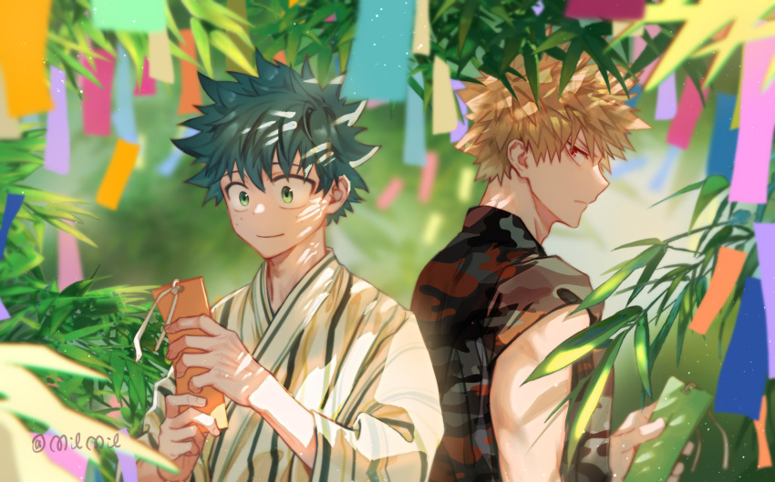 2boys adam's_apple artist_name back-to-back bakugou_katsuki bamboo blonde_hair blurry blurry_background blurry_foreground boku_no_hero_academia branch check_commentary chinese_commentary chromatic_aberration commentary commentary_request dappled_sunlight dated_commentary depth_of_field eyebrows_hidden_by_hair fingernails freckles from_side frown green_eyes green_hair hair_between_eyes hand_up hands_up happy highres holding_tanzaku japanese_clothes kimono leaf light looking_at_object looking_at_viewer looking_down looking_to_the_side male_focus midoriya_izuku milmil_(wa_ten'nendesu) multicolored_clothes multicolored_kimono multiple_boys official_alternate_costume outdoors pinstripe_kimono profile qixi_festival red_eyes short_hair sideways_glance sleeves_rolled_up smile spiky_hair striped striped_kimono sunlight tanabata tanzaku upper_body vertical-striped_kimono vertical_stripes