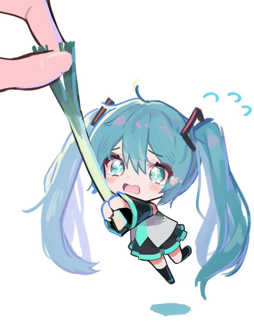 1girl 1other ahoge black_skirt black_sleeves black_thighhighs blue_hair blush collared_shirt detached_sleeves flying_sweatdrops food full_body hair_between_eyes hair_ornament hatsune_miku highres holding holding_food holding_vegetable long_hair nisokurui out_of_frame own_hands_together pleated_skirt shadow shirt sidelocks simple_background skirt solo_focus spring_onion tearing_up thigh-highs vegetable vocaloid white_background white_shirt