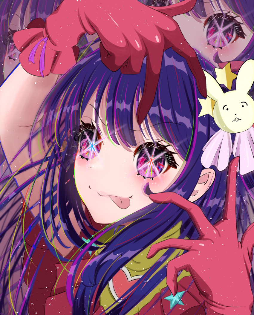 1girl absurdres blue_pupils blush brooch chromatic_aberration closed_mouth commentary double_v dress frilled_dress frilled_gloves frills gloves hair_between_eyes hair_ornament haruto_(82886106) heart heart_brooch highres hoshino_ai's_pose hoshino_ai_(oshi_no_ko) idol idol_clothes jewelry light_particles long_hair looking_at_viewer mismatched_pupils oshi_no_ko pink_dress pink_gloves projected_inset purple_hair rabbit_hair_ornament red_pupils sidelocks solo sparkle star-shaped_pupils star_(symbol) star_hair_ornament symbol-shaped_pupils tongue tongue_out turtleneck_dress two-tone_dress upper_body v violet_eyes yellow_dress