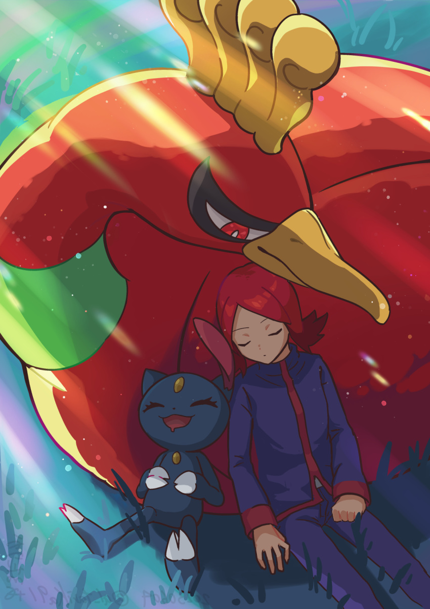 1boy arutarika_(ri_kaoekaki) bird clenched_hand closed_eyes closed_mouth commentary_request day from_above grass highres ho-oh jacket long_hair long_sleeves male_focus outdoors pants pokemon pokemon_(creature) pokemon_(game) pokemon_hgss redhead silver_(pokemon) sneasel
