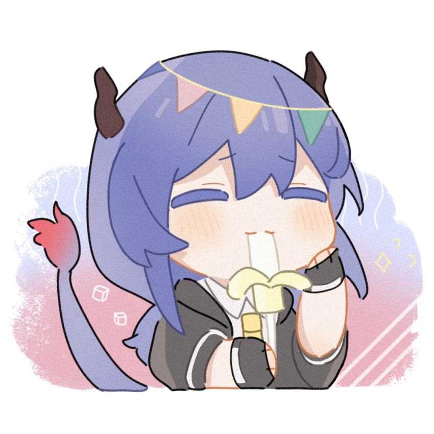 1girl arknights banana blush ch'en_(arknights) chibi closed_eyes dragon_girl dragon_horns dragon_tail eating food food_in_mouth fruit horns ice_cream kuafunvkai long_hair purple_hair simple_background solo tail