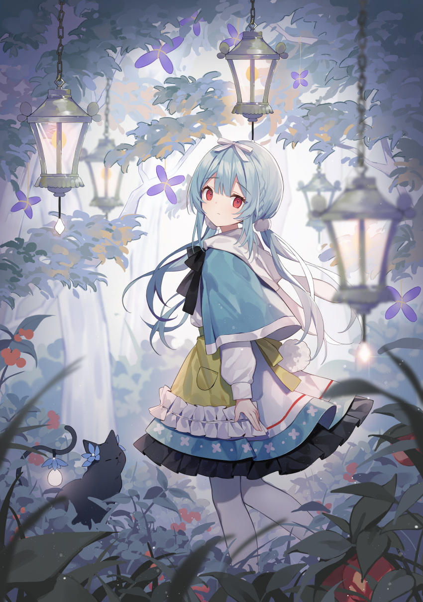 1girl absurdres blue_capelet blue_hair blurry blurry_foreground braid capelet cat crown_braid flower forest from_behind hair_ribbon hanging_lantern highres lantern long_hair long_sleeves looking_at_viewer looking_back low_twintails nature original pantyhose rabbit_tail red_eyes ribbon shiroraku tail tree twintails white_pantyhose