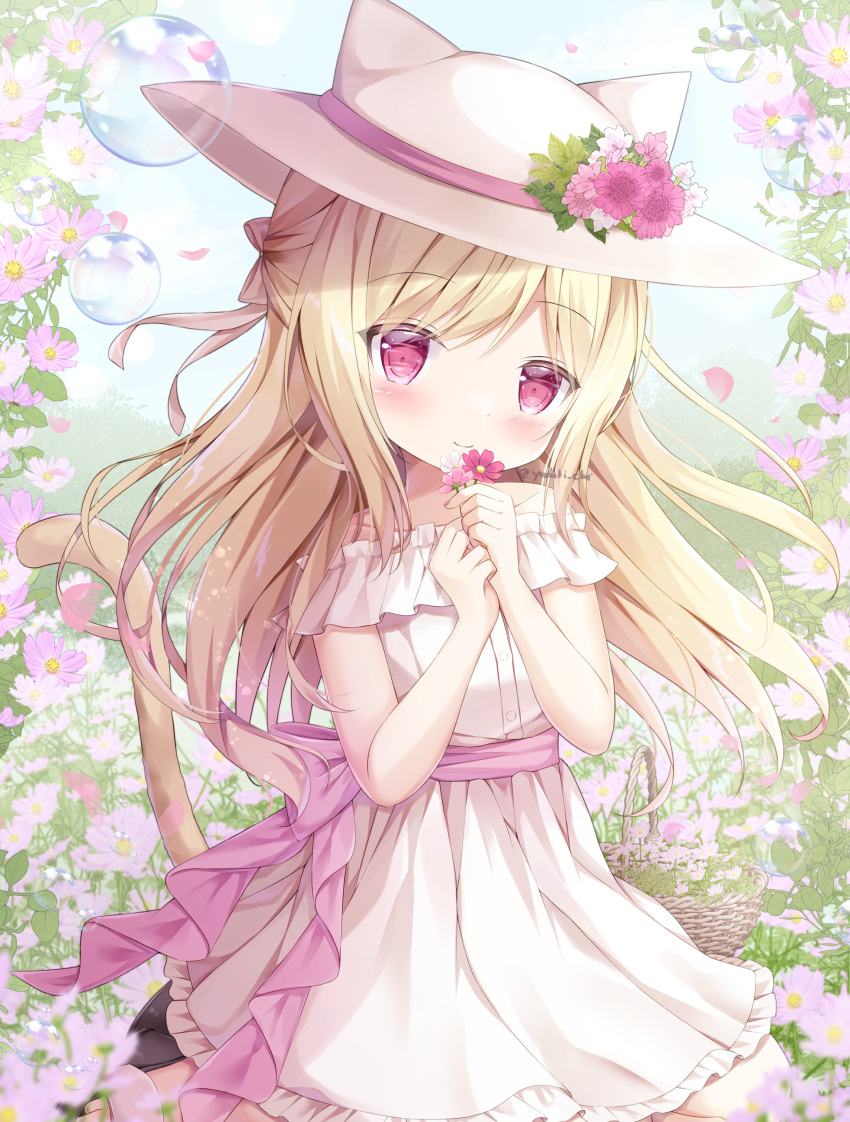 1girl absurdres animal_ears animal_hat barefoot basket blonde_hair blush bubble cat_girl cat_hat cat_tail day dress fake_animal_ears falling_petals field flower flower_field half_updo hat hat_flower hat_ribbon highres holding holding_flower long_hair looking_at_viewer off-shoulder_dress off_shoulder original outdoors petals pink_eyes ribbon shoes shoes_removed sitting smile solo sun_hat tail very_long_hair wariza wind yuduki_pdx