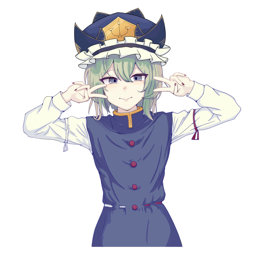 1girl absurdres blue_headwear closed_mouth double_v frilled_hat frills green_hair grey_eyes hat highres long_sleeves looking_at_viewer nadi_iichico red_nails shiki_eiki short_hair simple_background smile solo touhou v white_background