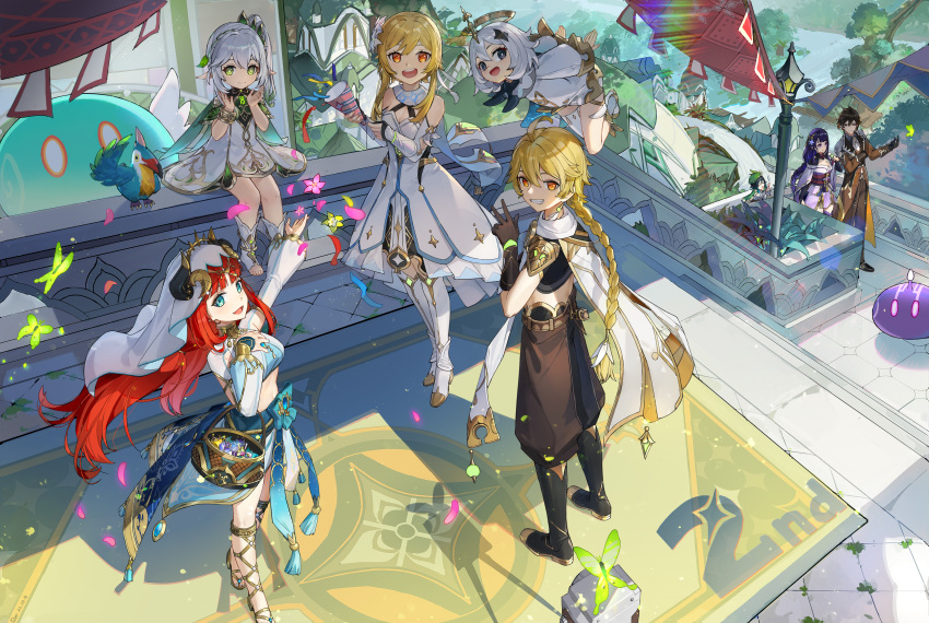 2others 3boys 5girls :d absurdres aether_(genshin_impact) ahoge arabian_clothes arm_guards baggy_pants bird black_eyes black_gloves black_hair blonde_hair blue_eyes blunt_bangs blurry bracelet braid cape clapping commentary_request confetti crown_braid dancer dancing dango depth_of_field detached_sleeves dor_m dress earrings eating elbow_gloves fake_horns feather_hair_ornament feathers floating flower food full_moon genshin_impact gloves gradient_hair green_eyes hair_between_eyes hair_flower hair_ornament halo harem_outfit headpiece highres holding holding_skewer horns japanese_clothes jewelry kimono leaf_hair_ornament long_hair long_sleeves looking_at_another looking_at_viewer low_ponytail lumine_(genshin_impact) mechanical_halo moon multicolored_hair multiple_boys multiple_girls multiple_others nahida_(genshin_impact) navel necktie nilou_(genshin_impact) orange_eyes outdoors paimon_(genshin_impact) pants party_popper pointy_ears purple_hair raiden_shogun redhead sanshoku_dango scarf scenery see-through see-through_sleeves short_dress short_hair short_hair_with_long_locks short_kimono short_sleeves side_ponytail sidelocks single_braid single_earring sitting_on_fence skewer slime_(genshin_impact) smile standing stirrup_legwear stomach symbol-shaped_pupils toeless_legwear twin_braids two-tone_hair veil venti_(genshin_impact) violet_eyes vision_(genshin_impact) wagashi walking white_dress white_hair white_necktie white_scarf wide_sleeves zhongli_(genshin_impact)