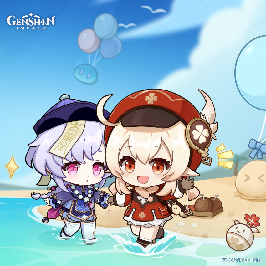 2girls backpack bag beach bead_necklace beads black_footwear blonde_hair blue_sky blurry blurry_background brown_gloves cabbie_hat chibi clouds coconut_cup commentary copyright_name day dodoco_(genshin_impact) dot_nose dress drinking_straw english_commentary female_child flying_sweatdrops genshin_impact gloves hat highres holding_hands jewelry jumpy_dumpty light_purple_hair long_sleeves low_ponytail low_twintails motion_lines multiple_girls necklace official_art ofuda open_mouth outdoors palm_tree parted_lips pink_eyes pointy_ears qing_guanmao qiqi_(genshin_impact) randoseru red_dress red_eyes red_headwear sand_sculpture short_shorts short_twintails shorts sky slime_(creature) slime_(genshin_impact) smile sparkle standing standing_on_one_leg tassel thigh-highs tree twintails wading water white_thighhighs