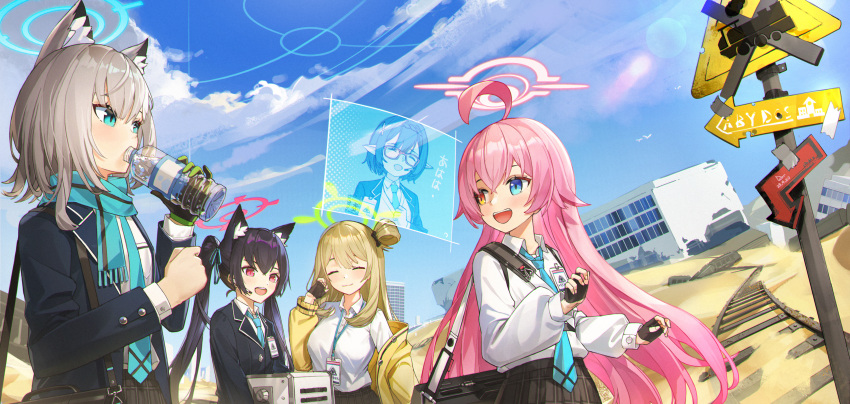 5girls :d absurdres animal_ear_fluff animal_ears ayane_(blue_archive) bag black_gloves black_hair black_skirt blazer blue_archive blue_eyes blue_necktie blue_scarf blue_sky bottle bow box building carrying cat_ears cat_girl clouds cloudy_sky collared_shirt commentary_request cross_hair_ornament dor_m drinking fingerless_gloves glasses gloves greyscale hair_between_eyes hair_bow hair_bun hair_ornament hair_ribbon halo headset heterochromia highres holding holding_bottle holographic_interface horizon hoshino_(blue_archive) id_card jacket lanyard long_hair looking_at_another low_twintails medium_hair mismatched_pupils monochrome multiple_girls necktie nonomi_(blue_archive) one_side_up outdoors pink_hair plaid plaid_skirt plastic_bottle pleated_skirt pointy_ears railroad_tracks red_eyes ribbon road_sign scarf school_bag school_uniform serika_(blue_archive) shiroko_(blue_archive) shirt shoulder_bag sidelocks sign single_glove single_side_bun skirt sky skyline skyscraper smile twintails two-tone_gloves video_call white_shirt wolf_ears wolf_girl