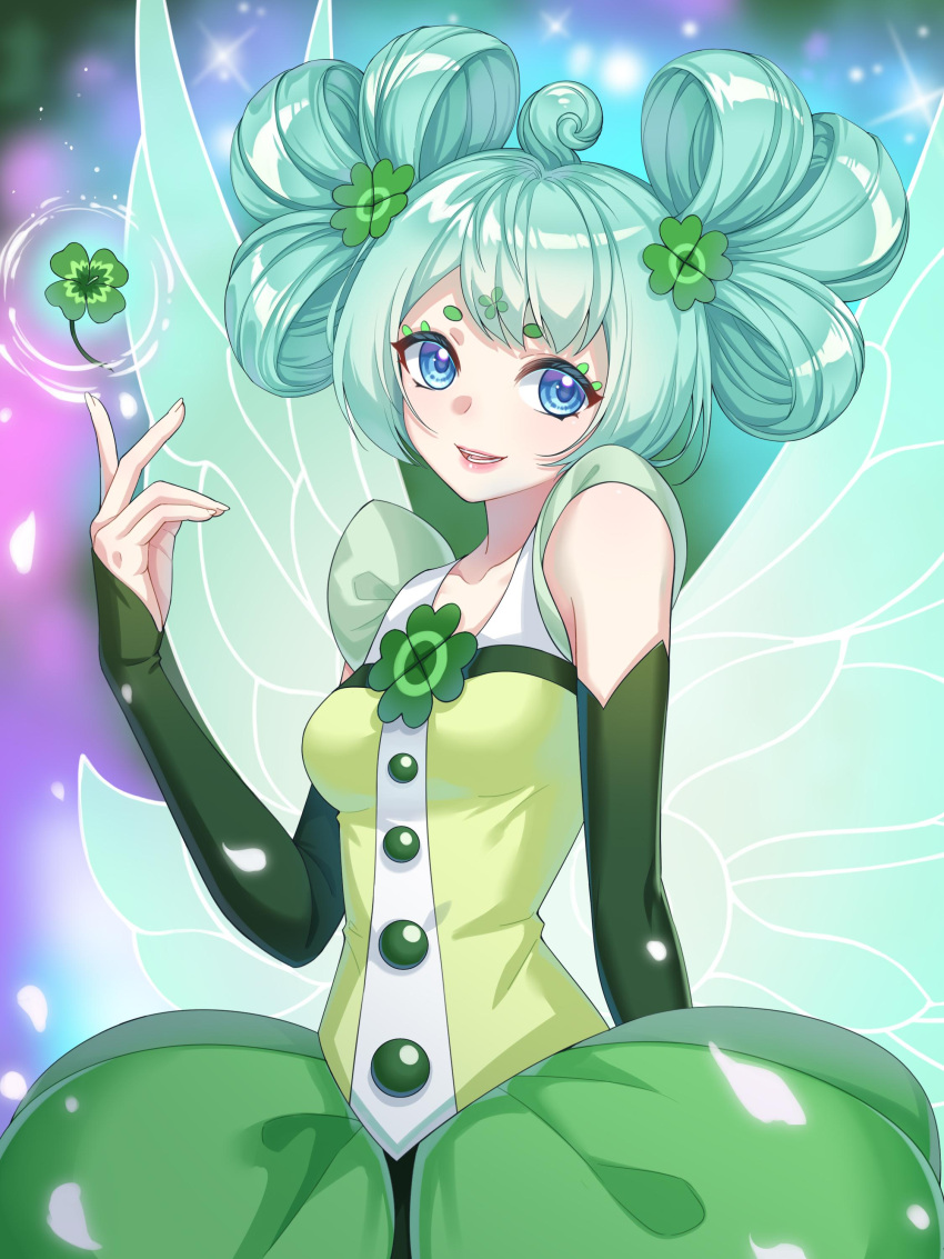 1girl :d absurdres aqua_wings bare_shoulders blue_eyes breasts clover clover_hair_ornament detached_sleeves dress facial_mark fairy fairy_wings falling_petals forehead_mark four-leaf_clover four-leaf_clover_hair_ornament green_dress green_hair green_sleeves hair_ornament hair_rings hand_up head_tilt highres kumu_zaisheng lan_(xiao_huaxian) looking_at_viewer multicolored_background petals pink_lips short_eyebrows sleeveless sleeveless_dress smile solo sparkle teeth upper_body wings xiao_huaxian