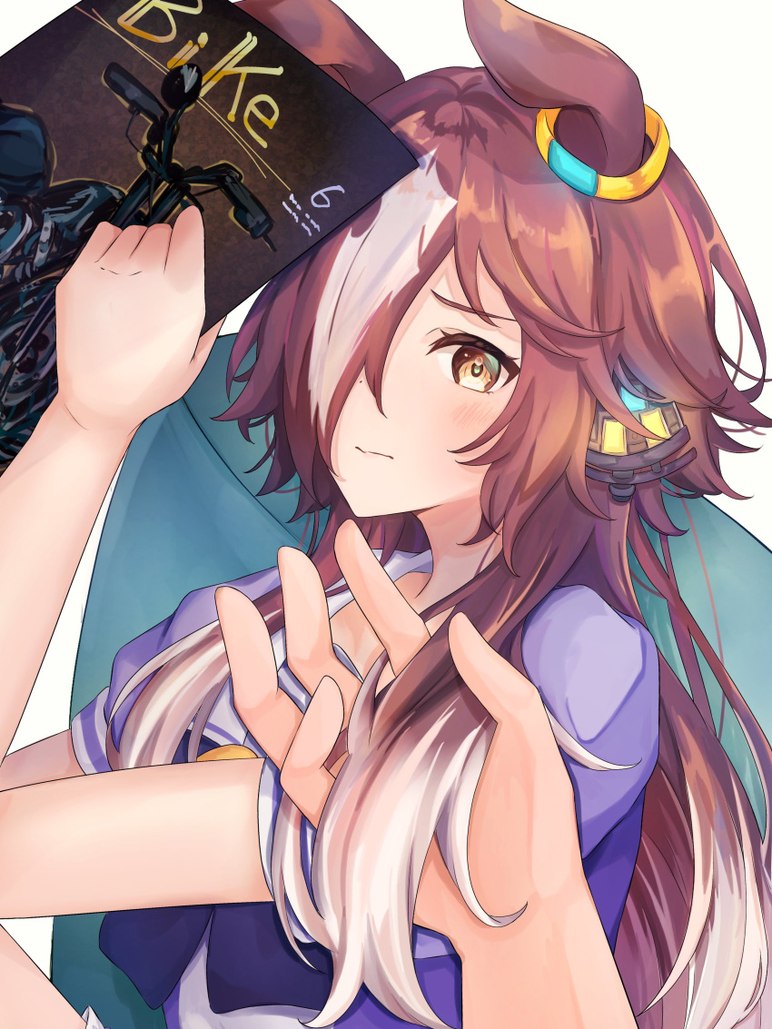 1girl 1other absurdres animal_ears arm_up blue_bow blue_shirt blush bow brown_eyes brown_hair closed_mouth commentary_request hair_over_one_eye hand_in_another's_hair highres horse_ears long_hair looking_at_viewer multicolored_hair out_of_frame pitsugi puffy_short_sleeves puffy_sleeves shirt short_sleeves simple_background solo_focus streaked_hair umamusume upper_body very_long_hair vodka_(umamusume) white_background white_hair