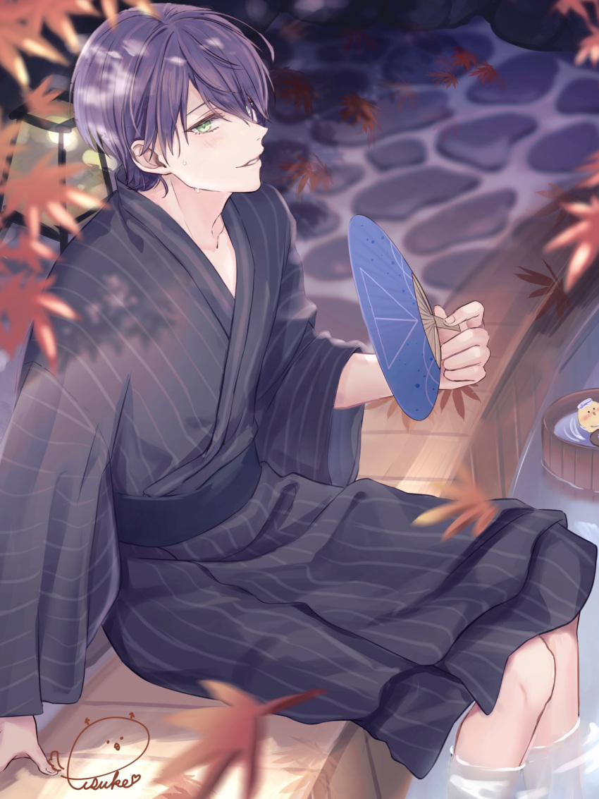 1boy arm_support ashiyu autumn_leaves black_sash blurry blurry_background blurry_foreground bucket cobblestone collarbone commentary_request dappled_sunlight falling_leaves feet_out_of_frame green_eyes grey_kimono hair_between_eyes hand_fan hand_up highres holding holding_fan japanese_clothes kenmochi_touya kimono lantern leaf light_blush light_smile looking_at_viewer male_focus maple_leaf medium_hair nijisanji outdoors paper_fan parted_lips purple_hair rock sash shadow sideways_glance signature sitting sleeves_past_elbows snowlight_candy solo striped striped_kimono sunlight tree_shade vertical-striped_kimono vertical_stripes virtual_youtuber wading water wide_sleeves wooden_bucket yukata