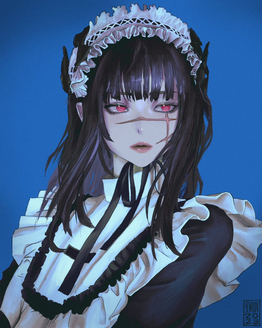 1girl 2023 alternate_costume black_bow black_dress blue_background bow chainsaw_man dress expressionless frills hair_behind_ear hairband highres lolita_hairband long_hair looking_at_viewer looking_to_the_side portrait realistic red_eyes scar scar_on_cheek scar_on_face solo taorotana white_hairband yoru_(chainsaw_man)