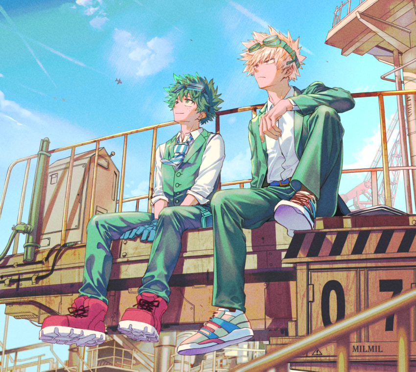 2boys aircraft airplane alternate_universe arm_on_knee arm_rest artist_name bakugou_katsuki balcony belt between_legs blonde_hair blue_belt blue_sky blue_stripes blurry blurry_background blurry_foreground boku_no_hero_academia buttons cable closed_mouth clouds collared_shirt contrail crane_(machine) cross-laced_footwear dated_commentary dress_shirt eyes_visible_through_hair film_grain fingernails floating_necktie foot_dangle freckles frown full_body goggles goggles_on_head green_eyes green_hair green_jacket green_pants green_vest hair_between_eyes hand_between_legs jacket knee_up lapels light long_sleeves looking_ahead looking_up male_focus midoriya_izuku milmil_(wa_ten'nendesu) multicolored_footwear multiple_boys necktie notched_lapels object_request official_alternate_costume open_clothes open_collar open_jacket outdoors pants railing red_eyes red_footwear rust sanpaku shadow shirt shoe_soles shoes short_hair side-by-side sideways_mouth sign sitting sky sleeves_past_elbows sleeves_rolled_up smile sneakers spiky_hair split_mouth striped_necktie sunlight thigh_pouch thigh_strap v_arms vest warning_sign white_shirt wing_collar