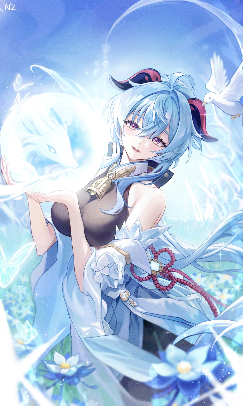 1girl absurdres ahoge alternate_costume bare_shoulders bell blue_flower blue_hair breasts detached_sleeves flower ganyu_(genshin_impact) genshin_impact glaze_lily highres horns long_hair looking_at_viewer medium_breasts neck_bell nizway no_gloves open_mouth orb qilin_(mythology) revision sidelocks smile solo tassel violet_eyes vision_(genshin_impact) white_sleeves