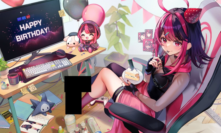 1girl ahoge asymmetrical_legwear balloon bar_censor black_choker black_gloves black_hair black_shirt black_thighhighs bottle cake cake_slice can censored censored_feet chair character_doll choker commentary controller cup desk eating english_commentary fingerless_gloves food for_dummies fork game_controller gaming_chair gloves gx_aura hair_ornament hairclip happy_birthday hat hood hood_down keyboard_(computer) long_hair mat monitor mug multicolored_hair official_art opera_gx party_hat pink_eyes pink_hair pink_socks plant plate polka_dot_headwear red_nails remote_control second-party_source see-through shirt single_sock single_thighhigh sitting socks sticky_note swivel_chair thigh-highs thigh_strap utensil_in_mouth virtual_youtuber wooden_floor yuniiho