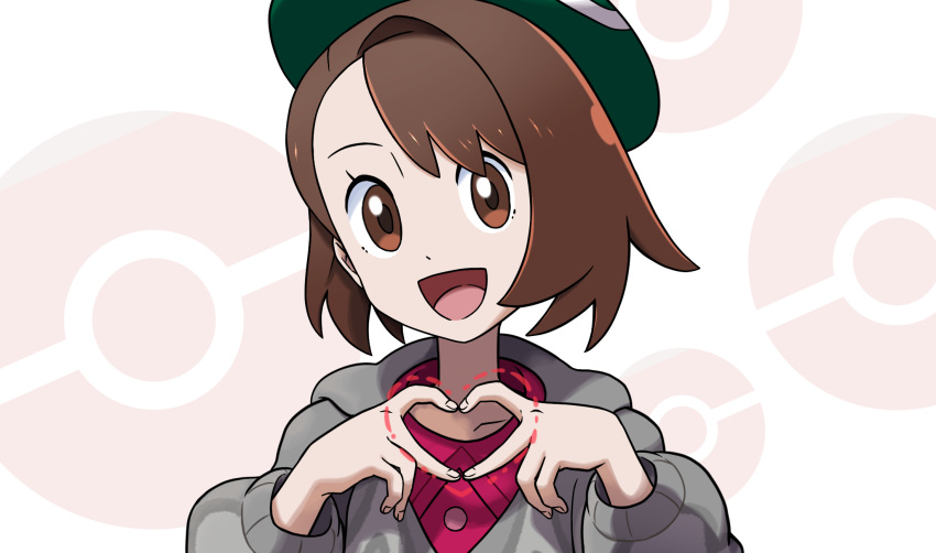 1girl :d bob_cut brown_eyes brown_hair buttons cable_knit cardigan collared_dress commentary_request dress eyelashes gloria_(pokemon) green_headwear grey_cardigan hands_up hat heart heart_hands highres hooded_cardigan open_mouth pink_dress poke_ball_symbol pokemon pokemon_(game) pokemon_swsh short_hair smile solo tam_o'_shanter teru_zeta tongue upper_body