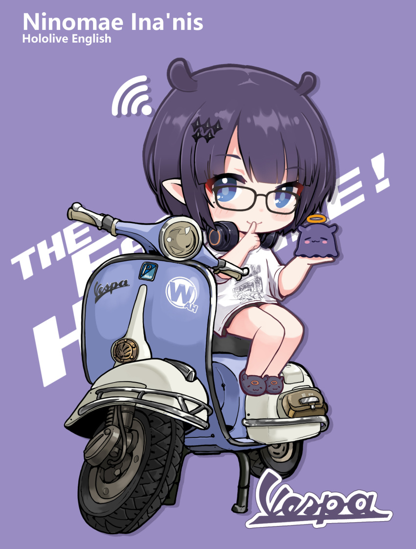 absurdres blue_eyes blush character_name chibi copyright_name finger_to_mouth glasses headphones headphones_around_neck highres hololive hololive_english looking_at_viewer motor_vehicle ninomae_ina'nis ninomae_ina'nis_(5th_costume) official_alternate_costume official_alternate_hair_length official_alternate_hairstyle on_scooter pointy_ears purple_background purple_hair scooter shirt slippers takodachi_(ninomae_ina'nis) vehicle_request vespa white_shirt yoyoko707