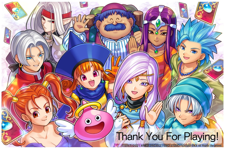 alena_(dq4) blue_eyes blue_hair breasts camus_(dq11) dragon_quest dragon_quest_iv dragon_quest_ix dragon_quest_vi dragon_quest_viii dress earrings jessica_albert jewelry kukuru_(dq8) large_breasts long_hair looking_at_viewer minea_(dq4) official_art orange_eyes orange_hair purple_hair red_eyes sleeveless slime_(dragon_quest) terry_(dq6) twintails violet_eyes