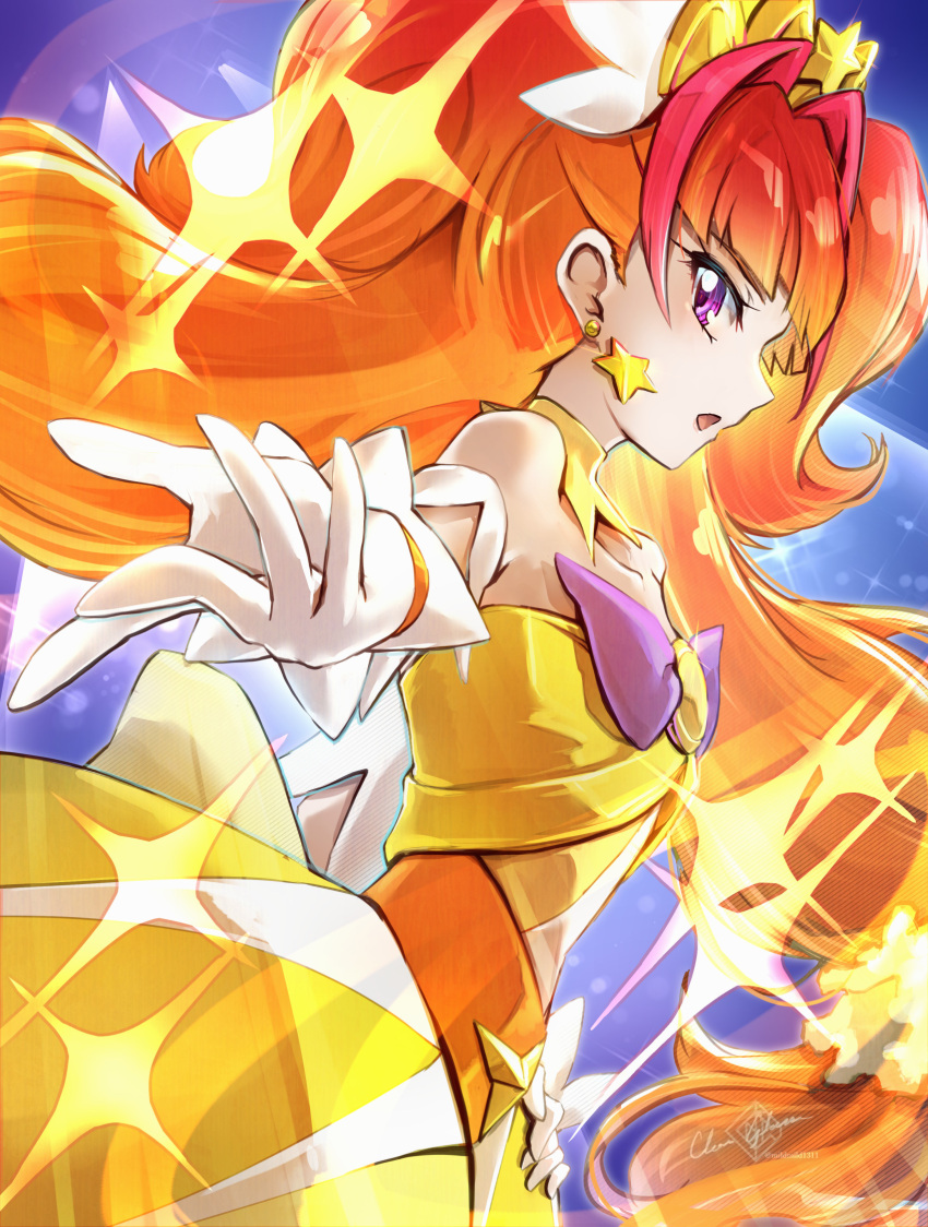 1girl amanogawa_kirara bare_shoulders bow brown_hair clear_glass_(mildmild1311) cure_twinkle dress earrings gloves go!_princess_precure highres jewelry long_hair looking_at_viewer magical_girl multicolored_hair orange_hair precure quad_tails shell shell_earrings solo sparkle_background star_(symbol) star_earrings tiara twintails two-tone_hair very_long_hair violet_eyes waist_bow white_gloves yellow_dress