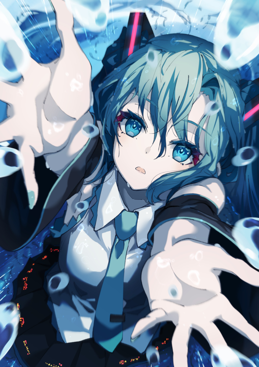 1girl ajigo aqua_eyes aqua_hair aqua_necktie black_wrist_cuffs blue_nails collared_shirt commentary english_commentary foreshortening from_above grey_shirt hatsune_miku highres looking_at_viewer looking_up necktie open_mouth outstretched_arms rain reaching reaching_towards_viewer shirt solo twintails vocaloid water_drop wrist_cuffs