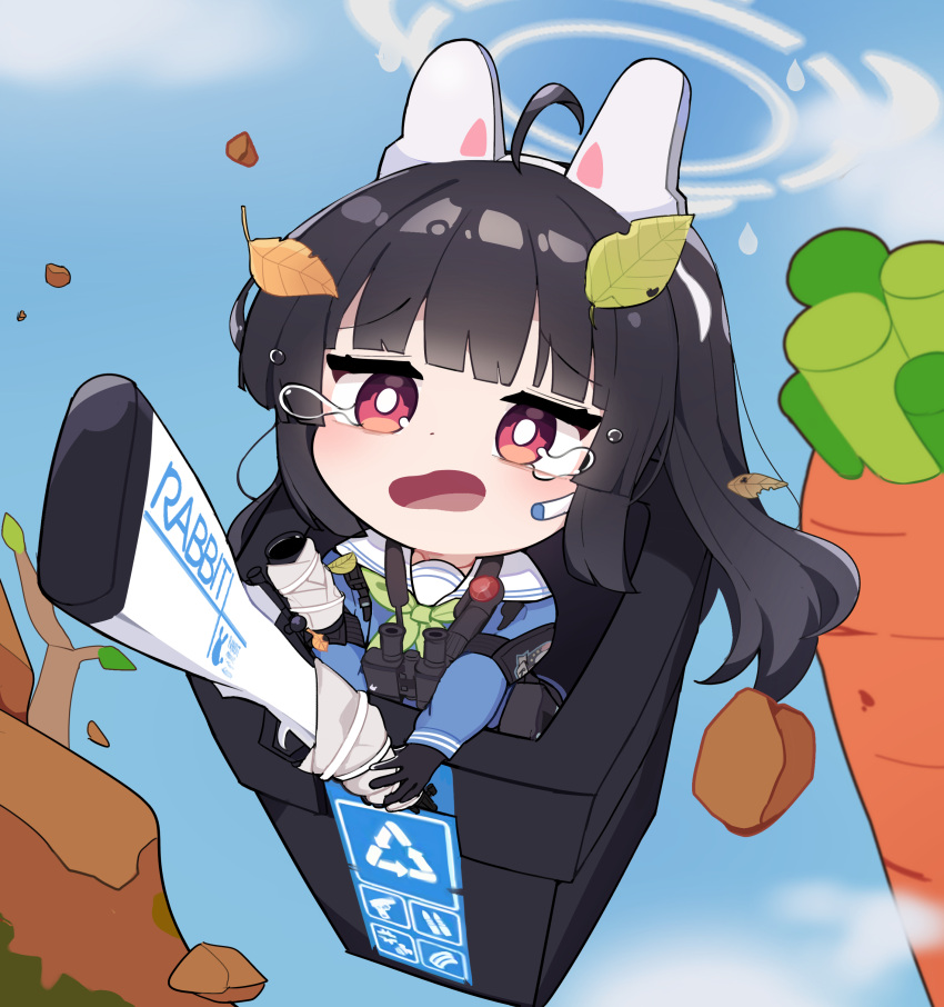 1girl absurdres ahoge animal_ears binoculars black_gloves black_hair blue_archive blue_shirt blue_sky blunt_bangs bright_pupils carrot chibi clouds commentary crying crying_with_eyes_open day fake_animal_ears falling floating_hair furrowed_brow getting_over_it gloves green_neckerchief gun halo highres holding holding_gun holding_weapon in_trash_can leaf leaf_on_head long_hair long_sleeves looking_ahead microphone midair miyu_(blue_archive) neckerchief nueong open_mouth outdoors parody rabbit_ears raised_eyebrows recycle_bin red_eyes rifle rock sailor_collar school_uniform serafuku shirt sky sniper_rifle solo tears weapon white_pupils white_sailor_collar