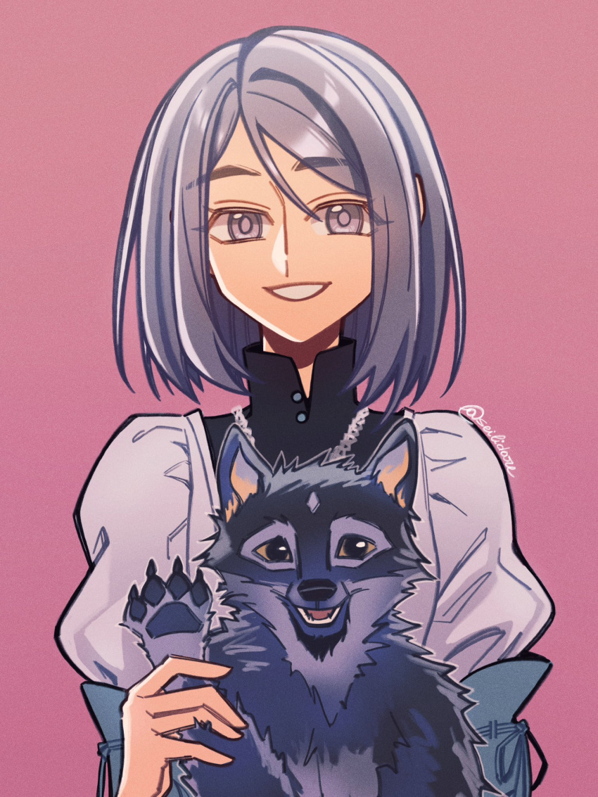 1girl animal dog dress final_fantasy final_fantasy_xvi grey_eyes grey_hair highres holding holding_animal holding_dog jewelry jill_warrick juliet_sleeves long_sleeves necklace open_mouth puffy_sleeves puppy seilidare short_hair simple_background smile solo torgal_(ff16) upper_body white_background