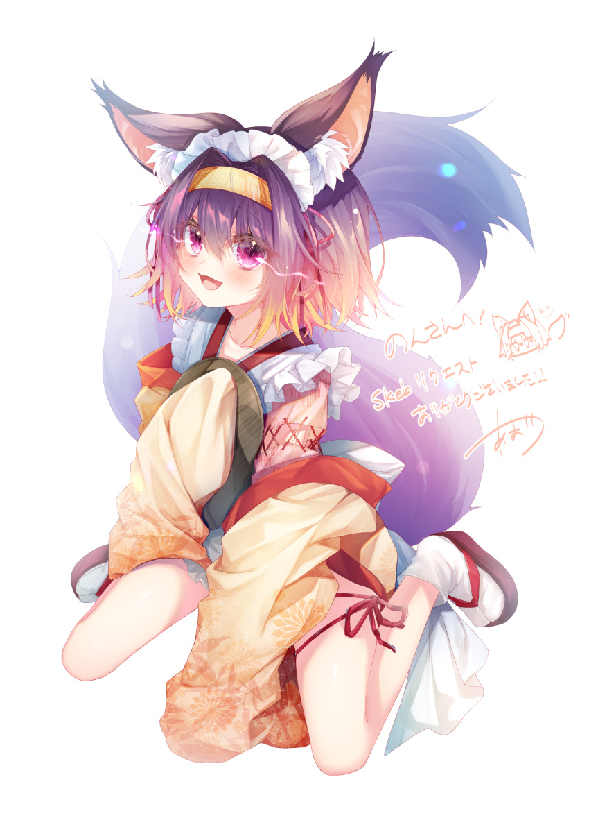 1girl :3 :d absurdres amatsuji animal_ear_fluff animal_ears apron blush chibi chibi_inset collarbone commentary_request commission eyelashes eyes_visible_through_hair floral_print fox_ears fox_girl fox_tail frilled_apron frills full_body glowing glowing_eyes gradient_hair hair_between_eyes hair_intakes hairband hand_up hatsuse_izuna highres holding holding_tray japanese_clothes kimono legs looking_at_viewer maid maid_apron maid_headdress medium_hair multicolored_hair no_game_no_life open_mouth orange_hair purple_hair red_ribbon ribbon sandals shiny_skin signature simple_background sitting skeb_commission sleeves_past_fingers sleeves_past_wrists slit_pupils smile tabi tail tray upturned_eyes violet_eyes wa_maid wariza white_apron white_background wide_sleeves yellow_hairband yellow_kimono