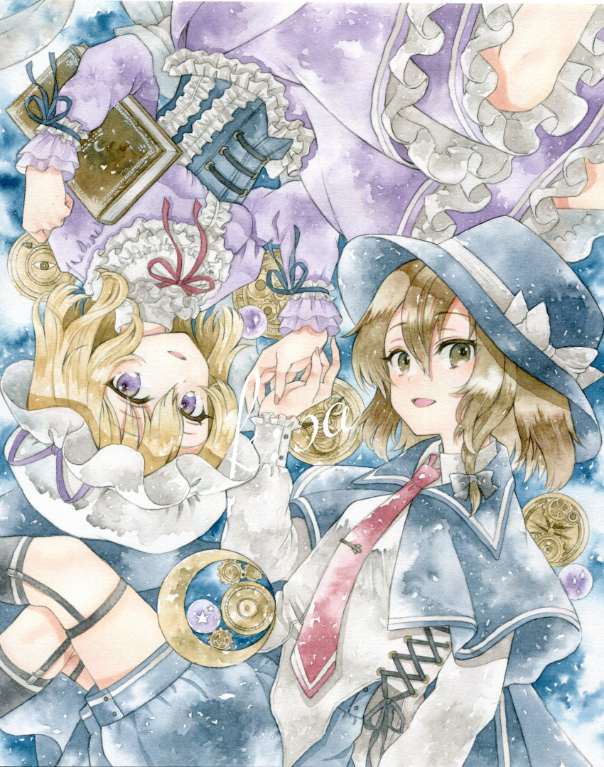 2girls absurdres artist_name black_socks blonde_hair blue_capelet blue_corset blue_headwear blue_shorts book bow brown_hair capelet commentary_request corset crescent dress feet_out_of_frame frilled_corset frilled_skirt frills gears green_eyes hat hat_bow hat_ribbon highres holding holding_book kisarush long_sleeves looking_at_viewer maribel_hearn medium_hair mob_cap multiple_girls necktie open_mouth painting_(medium) purple_dress purple_ribbon red_necktie red_ribbon ribbon rotational_symmetry shirt shorts skirt smile socks tie_clip touhou traditional_media usami_renko violet_eyes watercolor_(medium) white_bow white_headwear white_shirt