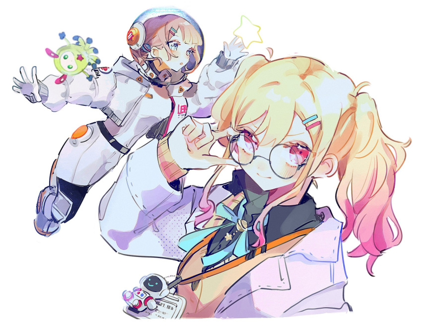 2girls adjusting_eyewear alien aqua_ribbon bespectacled blonde_hair blunt_bangs cardigan cropped_torso from_side full_body get_over_it._(project_sekai) glasses gloves gradient_hair grey_shirt group_name hair_ornament hairclip highres i9sas id_card lab_coat lanyard long_hair long_sleeves looking_at_object midair mochizuki_honami multicolored_hair multiple_girls neck_ribbon open_labcoat parted_lips pink_cardigan pink_eyes pink_hair project_sekai reaching red_star ribbon robot round_eyewear shirt simple_background smile space_helmet spacesuit star_(symbol) tenma_saki triangle twintails upper_body wavy_hair white_background white_gloves