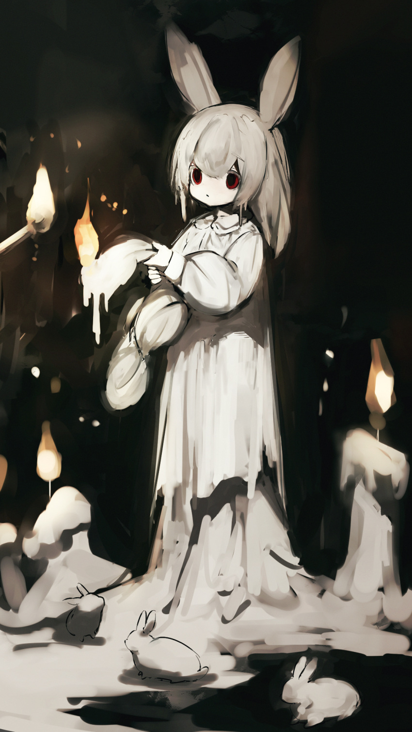 1girl albino animal animal_ears black_background burning candle closed_mouth commentary dark_background dress fire full_body grey_hair hand_up hands_up highres holding long_sleeves looking_ahead matches medium_hair original puffy_sleeves rabbit rabbit_ears red_eyes shirokujira solo standing white_dress white_rabbit_(animal)