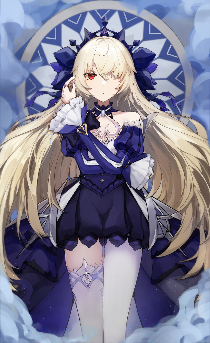 1girl absurdres alternate_eye_color bare_shoulders blonde_hair breasts choker detached_sleeves dress eyepatch fischl_(ein_immernachtstraum)_(genshin_impact) fischl_(genshin_impact) frills gem genshin_impact green_eyes hair_over_one_eye hair_ribbon highres jewelry long_hair long_sleeves looking_at_viewer medium_breasts official_alternate_costume official_alternate_eye_color open_mouth pantyhose purple_choker purple_dress purple_gemstone purple_ribbon purple_sleeves red_eyes ribbon simple_background single_leg_pantyhose single_thighhigh solo thigh-highs tiara two_side_up white_pantyhose white_thighhighs yukineko