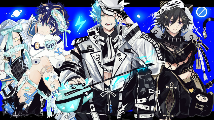 3boys :d alternate_costume animal_hood apolleon aqua_belt aqua_bow aqua_eyes astel_leda asymmetrical_clothes badge bandaid bandaid_on_face bandaid_on_leg belt black_collar black_gloves black_hair black_nails black_pants black_shirt black_sleeves blonde_hair blue_background blue_belt blue_hair blue_nails blue_shorts blue_socks bow button_badge cat_hood cat_tail chain checkered_bow checkered_clothes collar collared_shirt color_connection crop_top cropped_shirt cross-laced_clothes cross-laced_sleeves crown_(artist) detached_sleeves earrings eyepatch feet_out_of_frame fingerless_gloves flower_knot gauze gem gloves green_eyes hair_between_eyes hair_ornament hairclip hand_on_another's_arm hat heart heart_eyepatch highres holding holding_clothes holding_hat holding_stuffed_toy holostars holostars_english hood hood_up jacket jewelry kanade_izuru knee_up knees_up knoll_(astel_leda) leg_belt leg_warmers letterboxed light_particles lightning_bolt_hair_ornament lightning_bolt_symbol long_sleeves looking_at_viewer male_focus midriff mouth_hold multicolored_hair multiple_boys necktie one_eye_covered open_clothes open_jacket outside_border pants peaked_cap pearl_(gemstone) planet polka_dot poruneu print_pants puckered_lips regis_altare riding_crop sailor_collar shards shirt short_hair short_shorts shorts single_glove single_pantsleg sitting sleep_mask sleeves_past_wrists slime_(creature) slit_pupils smile socks spiked_collar spikes star_(symbol) star_animals star_print sticker sticker_on_arm sticker_on_leg streaked_hair striped striped_socks stuffed_toy tail tassel teeth thigh_belt thigh_strap torn_clothes torn_pants violet_eyes virtual_youtuber white_bow white_headwear white_hood white_jacket white_necktie white_sleeves white_socks