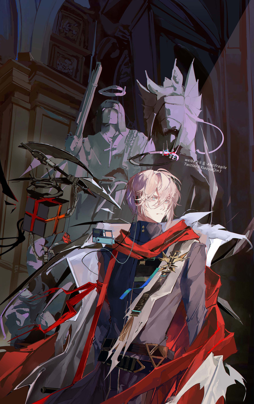 1boy :| absurdres arknights arms_at_sides belt black_halo black_jacket blue_eyes cape cathedral closed_mouth collared_jacket cowboy_shot earpiece executor_(arknights) executor_the_ex_foedere_(arknights) expressionless grey_hair hair_between_eyes halo highres ikag indoors jacket light_rays long_sleeves looking_to_the_side male_focus red_cape red_scarf scarf short_hair sidelocks solo statue watermark