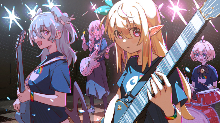 4girls absurdres ahoge aia_amare alternate_costume band bass_guitar black_shirt blonde_hair blue_hair blue_wings bob_cut bocchi_the_rock! bracelet braid closed_mouth commentary diffraction_spikes drum drum_set drumsticks electric_guitar elira_pendora english_commentary expressionless glasses green_eyes guitar hair_between_eyes hair_bobbles hair_ornament hairclip head_wings highres holding holding_drumsticks holding_instrument indoors instrument jewelry logo long_hair looking_at_viewer maplesights millie_parfait multicolored_hair multiple_girls music nijisanji nijisanji_en open_mouth playing_instrument pointy_ears pomu_rainpuff print_shirt red_eyes round_eyewear semi-rimless_eyewear shirt short_hair short_sleeves side_braid sidelocks single_braid sitting smile sparkle stage stage_lights standing star-shaped_pupils star_(symbol) symbol-shaped_pupils t-shirt tareme thumbs_up violet_eyes virtual_youtuber white_hair wings
